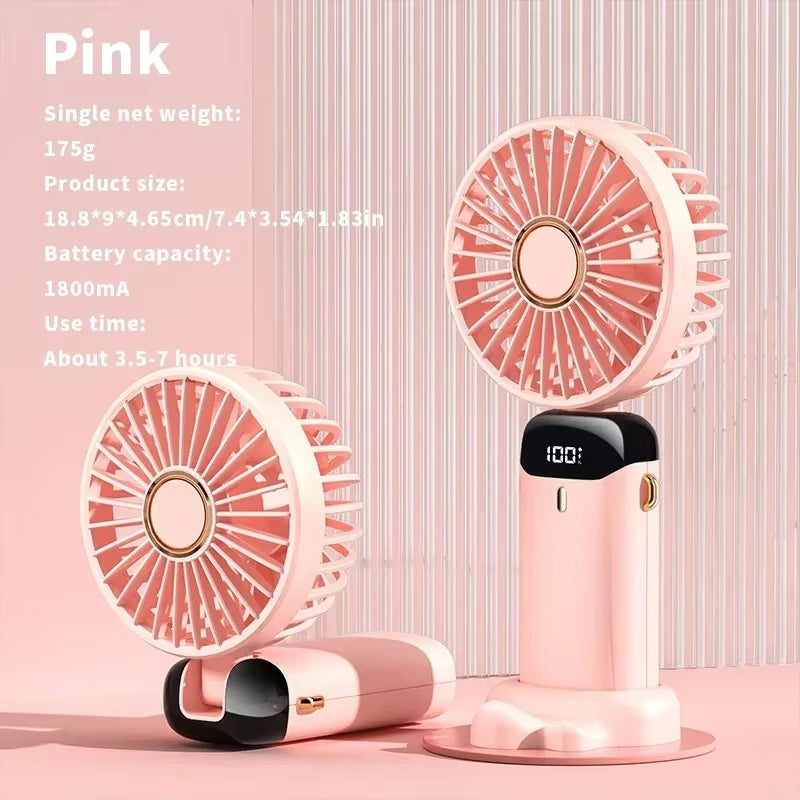 Handheld USB Mini Fan Foldable Portable Neck Hanging Fans 5 Speed Usb Rechargeable Fan with Phone Stand and Display Screen New