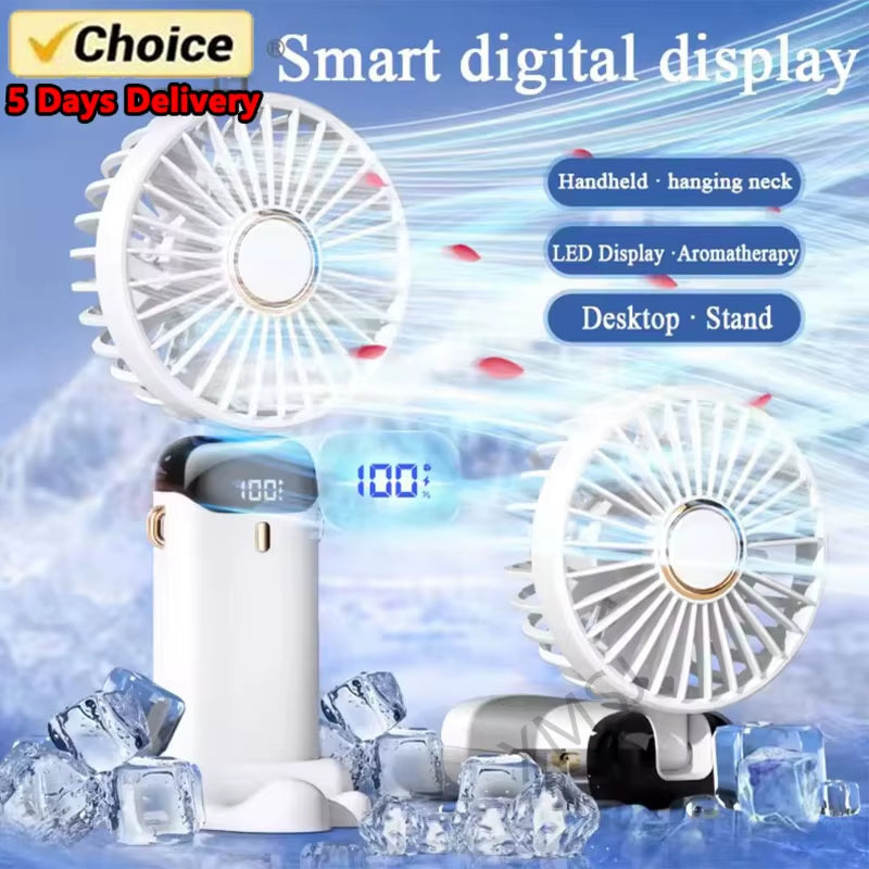 Handheld USB Mini Fan Foldable Portable Neck Hanging Fans 5 Speed Usb Rechargeable Fan with Phone Stand and Display Screen New